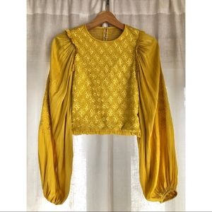Ulla Johnson Gold Yellow Embroidered Balloon Puff-sleeve Crop Blouse, OAK, NWOT